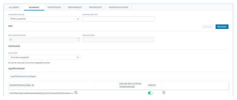 Tab Sicherheit eines Mitarbeiterprofils mit der Schaltfläche Zugriffsschlüssel hinzufügen unten links.