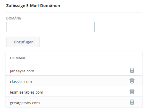 Bild der Liste zulässiger E-Mail-Domänen mit einem Feld zum Hinzufügen weiterer Domänen.