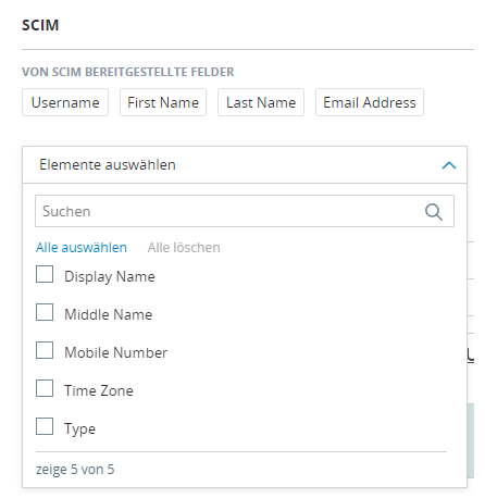 Bilder der Seite "Kontoeinstellungen verwalten" mit einer Drop-down-Liste für von SCIM bereitgestellte Felder.