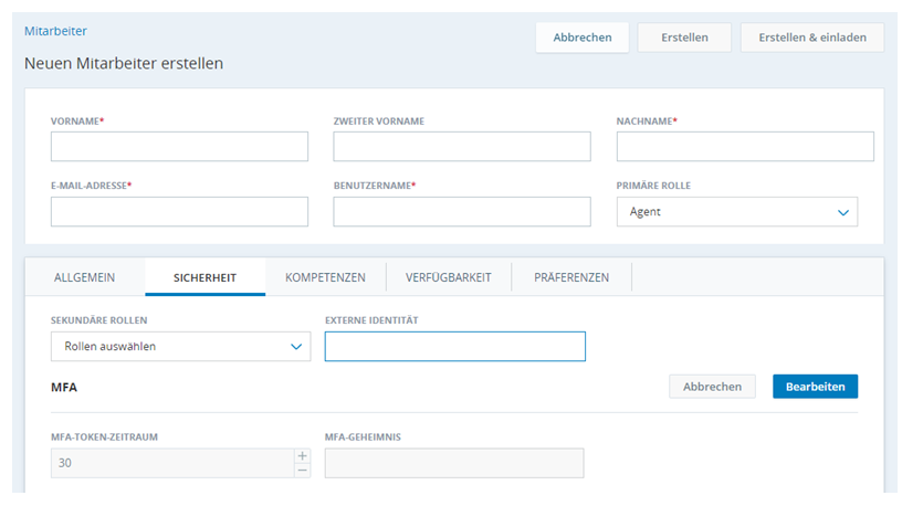 Die Seite "Neuen Mitarbeiter erstellen" mit den MFA-Feldern auf der Registerkarte "Sicherheit".
