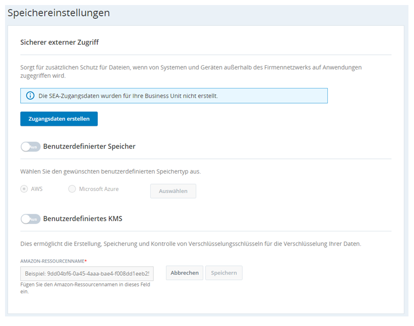 Die Seite Speichereinstellungen, auf der Sie Custom KMS aktivieren können.