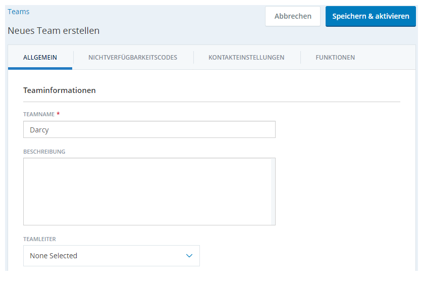 Screenshot zum Erstellen einer neuen Teamseite ohne ausgewählte Optionen