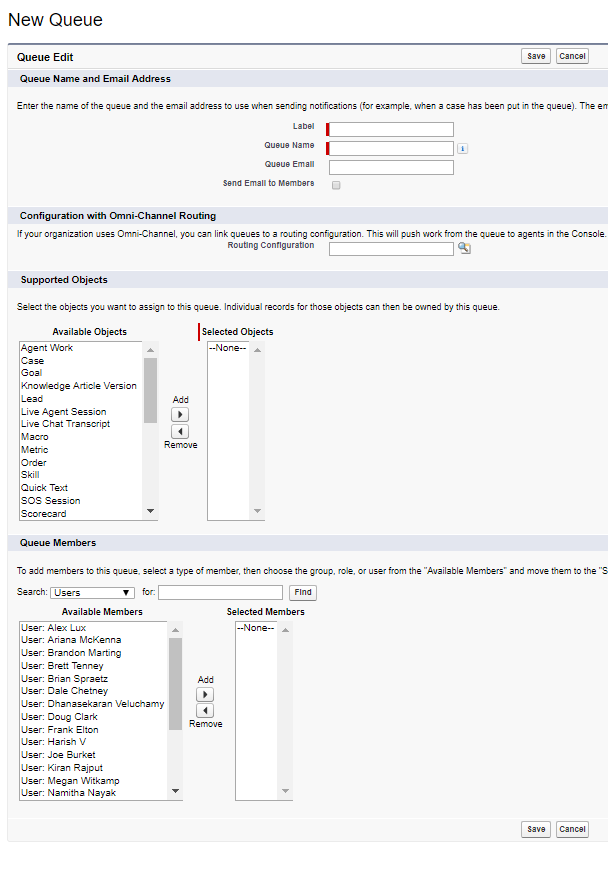 Die Seite Queue Edit in Salesforce.