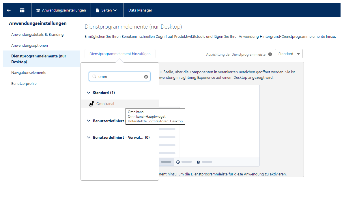 Die Seite Utility Items im Lightning App Builder. Die Schaltfläche Add Utility Item wurde angeklickt und das Suchfeld enthält das Wort „Omni“.