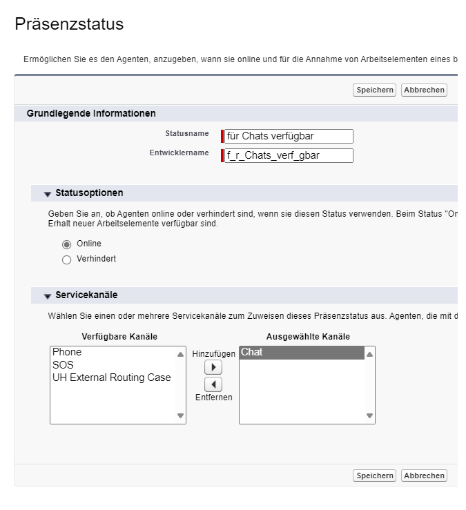 Das Formular "Anwesenheitsstatus" mit Feldern für "Statusname", "Entwicklername" und Abschnitten für "Statusoptionen" und "Servicekanäle".