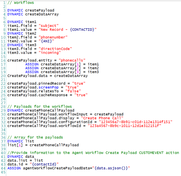 JSON mit vier Abschnitten: Workflows, Payloads für die Workflows, Array für die Payloads und Informationen zur CUSTOMEVENT-Aktion.