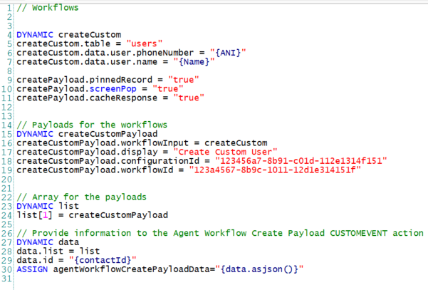 JSON mit vier Abschnitten: Workflows, Payloads für die Workflows, Array für die Payloads und Informationen zur CUSTOMEVENT-Aktion.