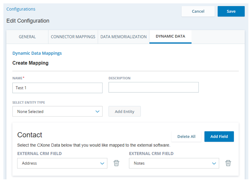 Unter jeder ausgewählten Entität befinden sich Dropdown-Felder für "Externes CRM-Feld", in denen Sie das CRM-Datensatzfeld auswählen können, das Agenten sehen sollen.