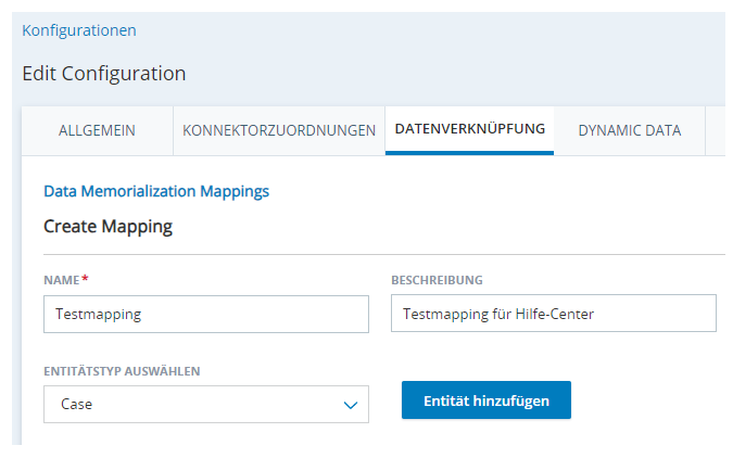 Die Registerkarte "Datenzuordnung" der Konfigurationsseite in CXone mit den Feldern "Name", "Beschreibung" und "Entitätstyp auswählen" sowie einer Schaltfläche "Entität hinzufügen".