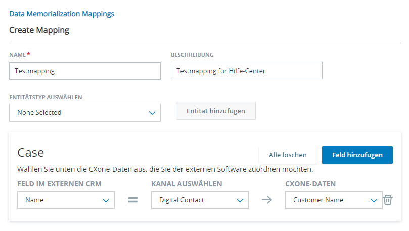 Die Registerkarte "Datenzuordnung" mit einem Kasten für einen Entitätstyp "Fall" und einen Entitätstyp "Konto". Jeder Kasten enthält die Felder "Externes CRM", "Kanal auswählen" und "CXone-Datenfeld".