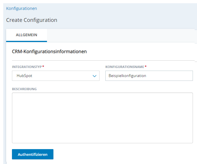 Die Seite „Neue Integration erstellen“ in „Agent-Integrationen“ mit Feldern für Integrationstyp, Konfigurationsname und Beschreibung.