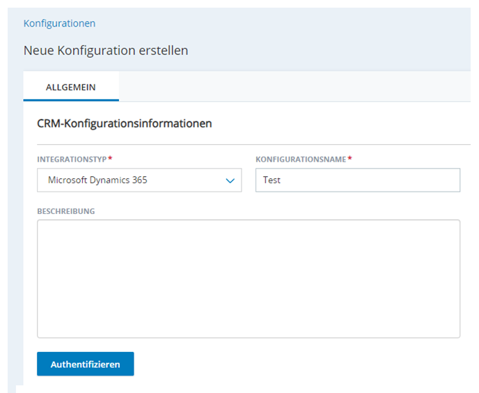 Die Seite „#Neue Integration erstellen“ in „Agent-Integrationen“ mit Feldern für Integrationstyp, Konfigurationsname und Beschreibung.