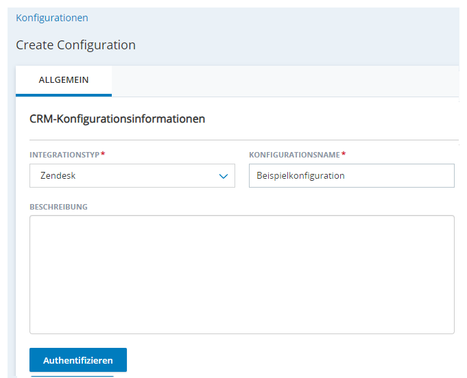 Die Seite „Neue Integration erstellen“ in „Agent-Integrationen“ mit Feldern für Integrationstyp, Konfigurationsname und Beschreibung.