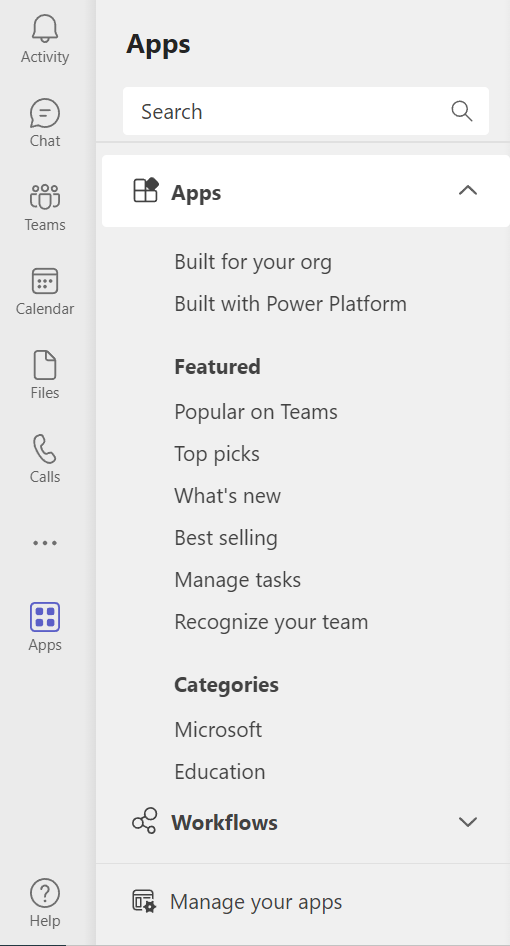 Das Menü Apps in Microsoft Teams mit einem Suchfeld oben.