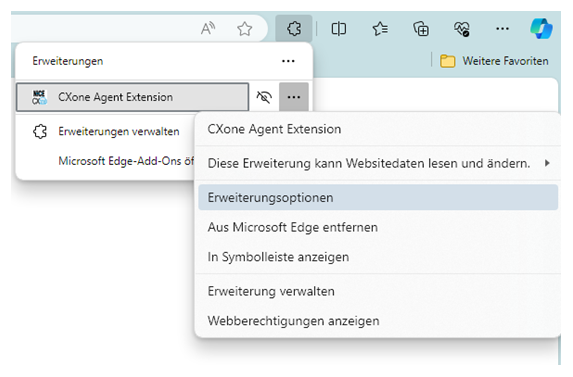 Das Optionenmenü (Symbol von drei Punkten) neben CXone Agent Browser Extension wurde angeklickt. Ein weiteres Pop-up zeigt die Option für "In Symbolleiste anzeigen" an.