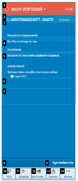 Die Benutzeroberfläche MAX, die Arbeitselemente, die Warteschlange und den Zeitplan des Agenten und mehr anzeigt.