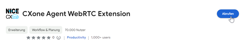 Die CXone Agent WebRTC Extension im Chrome Webstore. Der Cursor befindet sich über der Schaltfläche Hinzufügen.