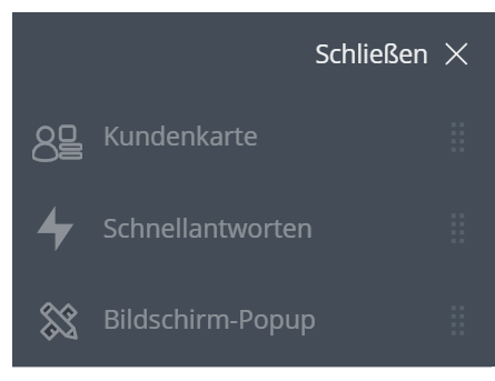 Das obere Menü wird in grauer Schrift angezeigt. Das Beispiel listet Kundenkarte, Schnellantworten und Bildschirm-Popups auf.