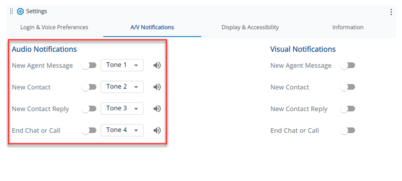 Der Bereich "Audio-Benachrichtigungen" mit Optionen für Neue Agentennachricht, Neuer Kontakt, Neue Kontakt-Antwort und Chat oder Anruf beenden.