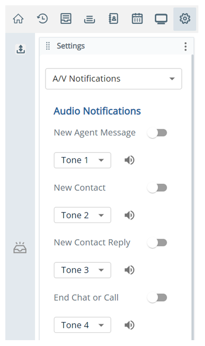 Der Bereich "Audio-Benachrichtigungen" mit Optionen für Neue Agentennachricht, Neuer Kontakt, Neue Kontakt-Antwort und Chat oder Anruf beenden.