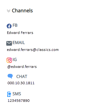 Der Abschnitt "Kanäle" wird eingeblendet und zeigt die Informationen des Kontakts für Facebook, E-Mail, Instagram, Chat und SMS.