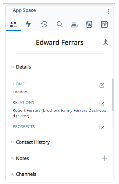 Kundenkarte mit dem Namen des Kontakts am oberen Rand, darunter die Dropdown-Registerkarten für Details, Kontaktverlauf, Notizen und Kanäle.