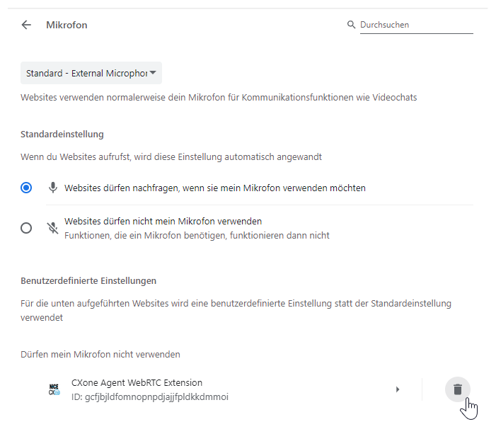 CXone Agent WebRTC Extension ist unter Dürfen mein Mikrofon nicht verwenden aufgeführt. Der Cursor befindet sich über dem Symbol Entfernen in Form eines Papierkorbs.