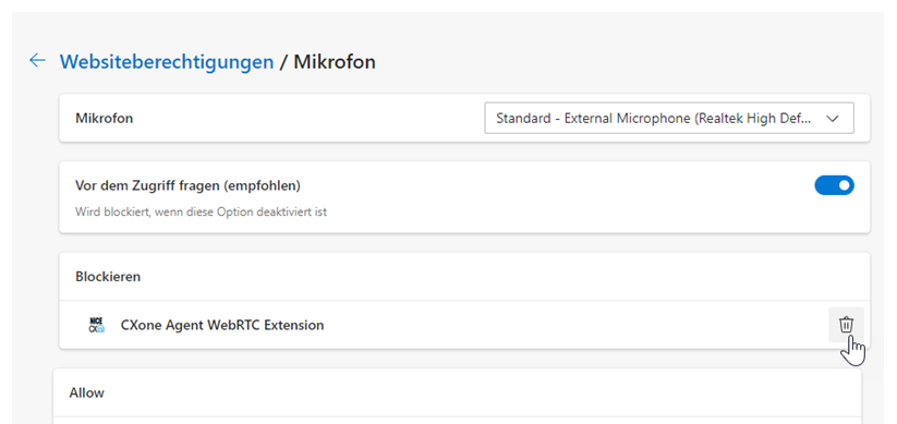 CXone Agent WebRTC Extension ist unter Blockieren aufgeführt. Der Cursor befindet sich über dem Symbol Entfernen in Form eines Papierkorbs.