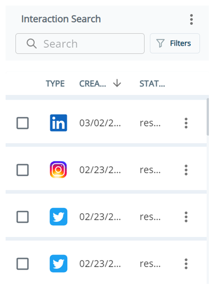 Der Suchbereich, der eine Suchleiste, eine Schaltfläche für Filter sowie eine Tabelle mit Ergebnissen, die Interaktionen auflisten, anzeigt.