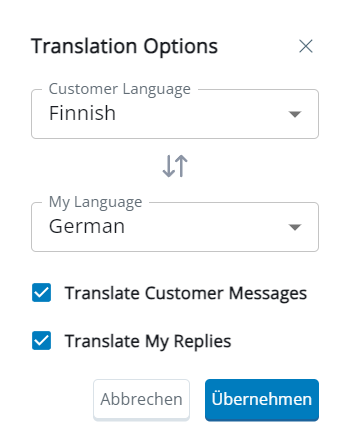 Das Popup "Übersetzungsoptionen" mit Feldern für "Kundensprache", "Meine Sprache", "Kundennachrichten übersetzen" und "Meine Antworten übersetzen".