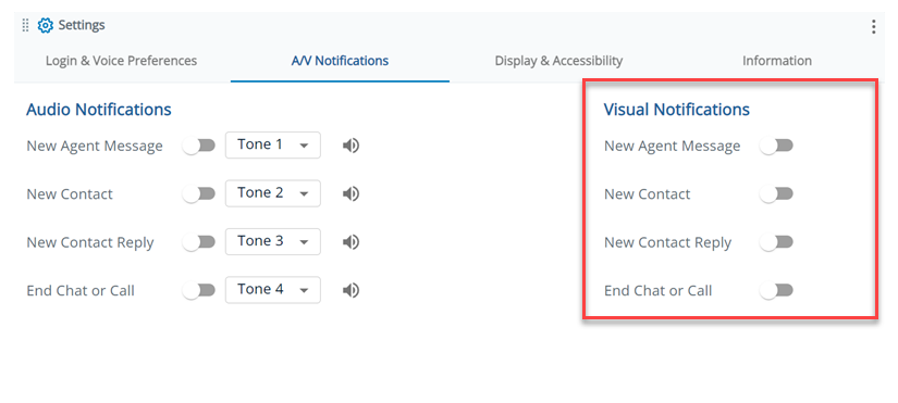 Der Bereich "Visuelle Benachrichtigungen" mit Optionen für Neue Agentennachricht, Neuer Kontakt, Neue Kontakt-Antwort und Chat oder Anruf beenden.