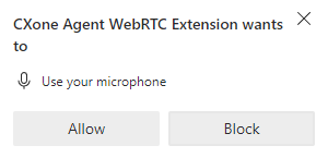 Das Pop-up zeigt die Meldung CXone Agent WebRTC Extension möchte dein Mikrofon verwenden. Die Schaltflächen lauten Zulassen und Blockieren.