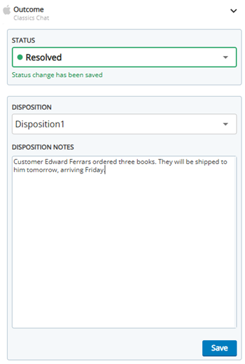 Das Ergebnisfenster zeigt ein Dropdown-Menü für den Status, ein Dropdown-Menü für die Disposition, ein Textfeld für Dispositionsnotizen und eine Schaltfläche „Speichern“.