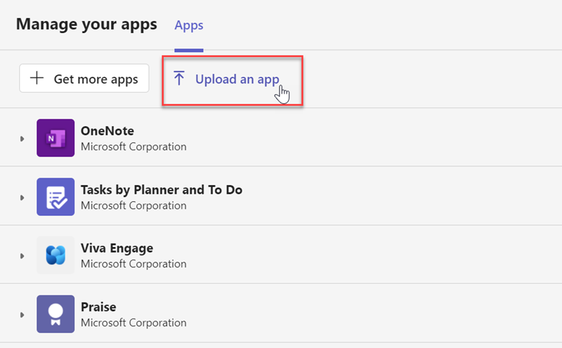 Die Seite Apps verwalten in Microsoft Teams. Der Mauszeiger befindet sich über der Option Eine App hochladen.