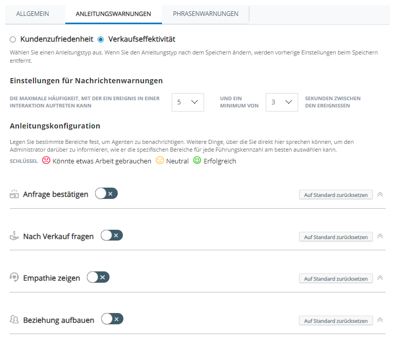 Die Registerkarte "Anleitungswarnungen" mit den Optionen für Verkaufseffektivität-Verhaltensweisen.