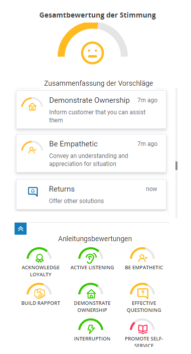 Das Real-Time Interaction Guidance-Fenster, das für Agenten angezeigt wird. Die Gesamtbewertung der Stimmung befindet sich oben und die Zusammenfassung der Vorschläge in der Mitte. Außerdem werden die Anleitungsbewertungen angezeigt.