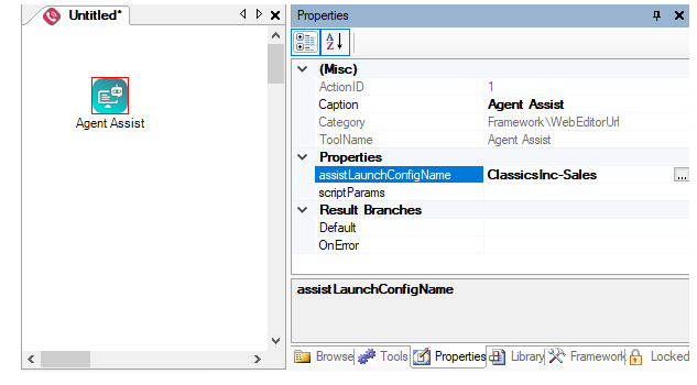 The Agent Assist action in Studio, showing the assistLaunchConfigName property set to a RTIG profile name.