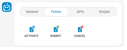 Die Registerkarte „Formulare“, auf der Sie die Bot-Antwort „Aktivieren“, „Senden“ oder „Abbrechen“ wählen können