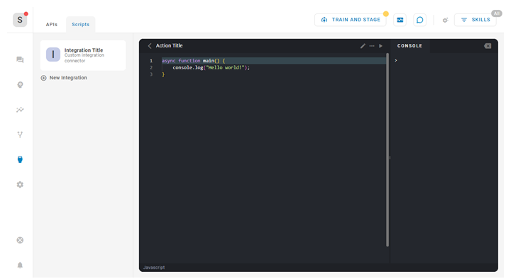 Die Registerkarte Skripte des Bereichs Integrationen, auf der Sie links benutzerdefiniertes JavaScript erstellen und rechts den ausgeführten Code sehen können.