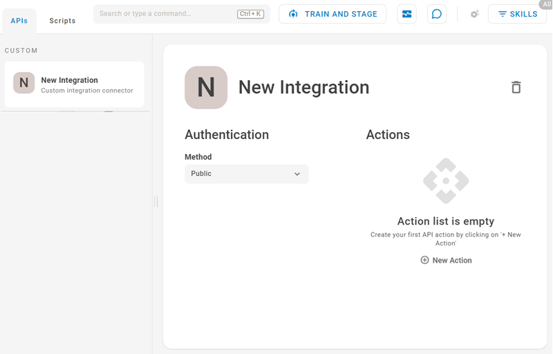 Seite "Neue Integration" auf der Registerkarte "APIs", auf der Sie die Authentifizierung einrichten und Aktionen erstellen können.