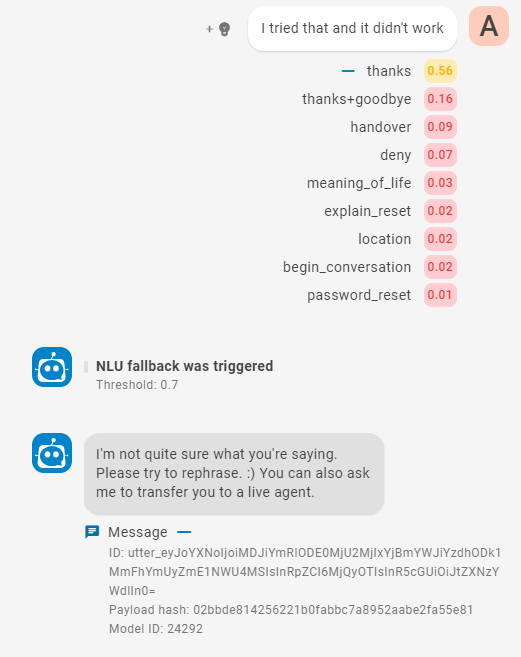 Einige Nachrichten auf der Registerkarte Gespräche mit eingeblendeten Drop-down-Listen unter jeder Nachricht.