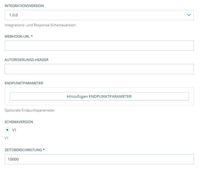 Die Konfigurationsseite für die Integration-Version 1.0.0 von Virtueller Agenten-Hub.