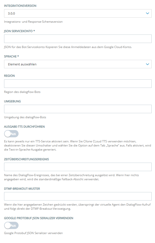 Die Konfigurationsseite zum Hinzufügen eines virtuellen Agenten Google Dialogflow ES zu CXone Virtual Agent Hub.