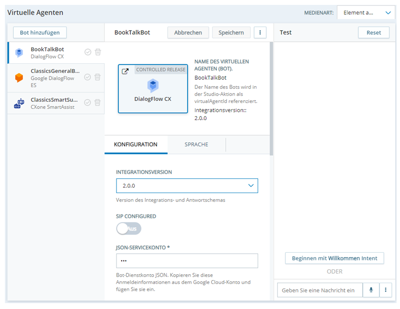 Die Eigenschaftenseite eines Bots in CXone Virtual Agent Hub mit dem Testbereich auf der rechten Seite der Seite.
