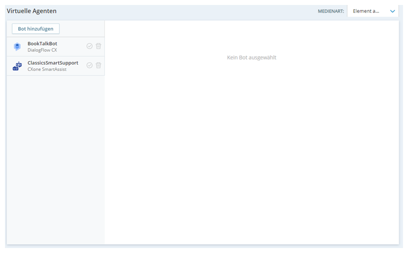 Auf der Hauptseite von CXone Virtual Agent Hub befindet sich links eine Liste der aktuellen Bots. Rechts neben dem Bot-Namen befindet sich jeweils ein Löschsymbol und ein Häkchensymbol.