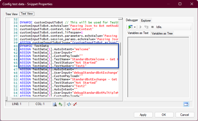 Das Snippet-Editor-Fenster, das das Konfig-Test-Datensnippet mit dem ersten Teil der DYNAMIC TestData-Objektdefinition in einem Rechteck zeigt.