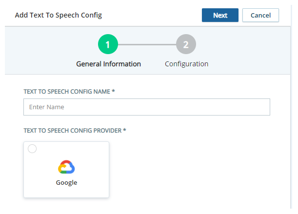 Die Seite Text-to-Speech-Konfiguration hinzufügen, auf der Sie einen neuen TTS-Anbieter hinzufügen können.