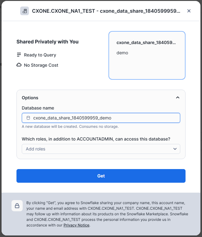Screenshot der Snowflake Datenbankdetails