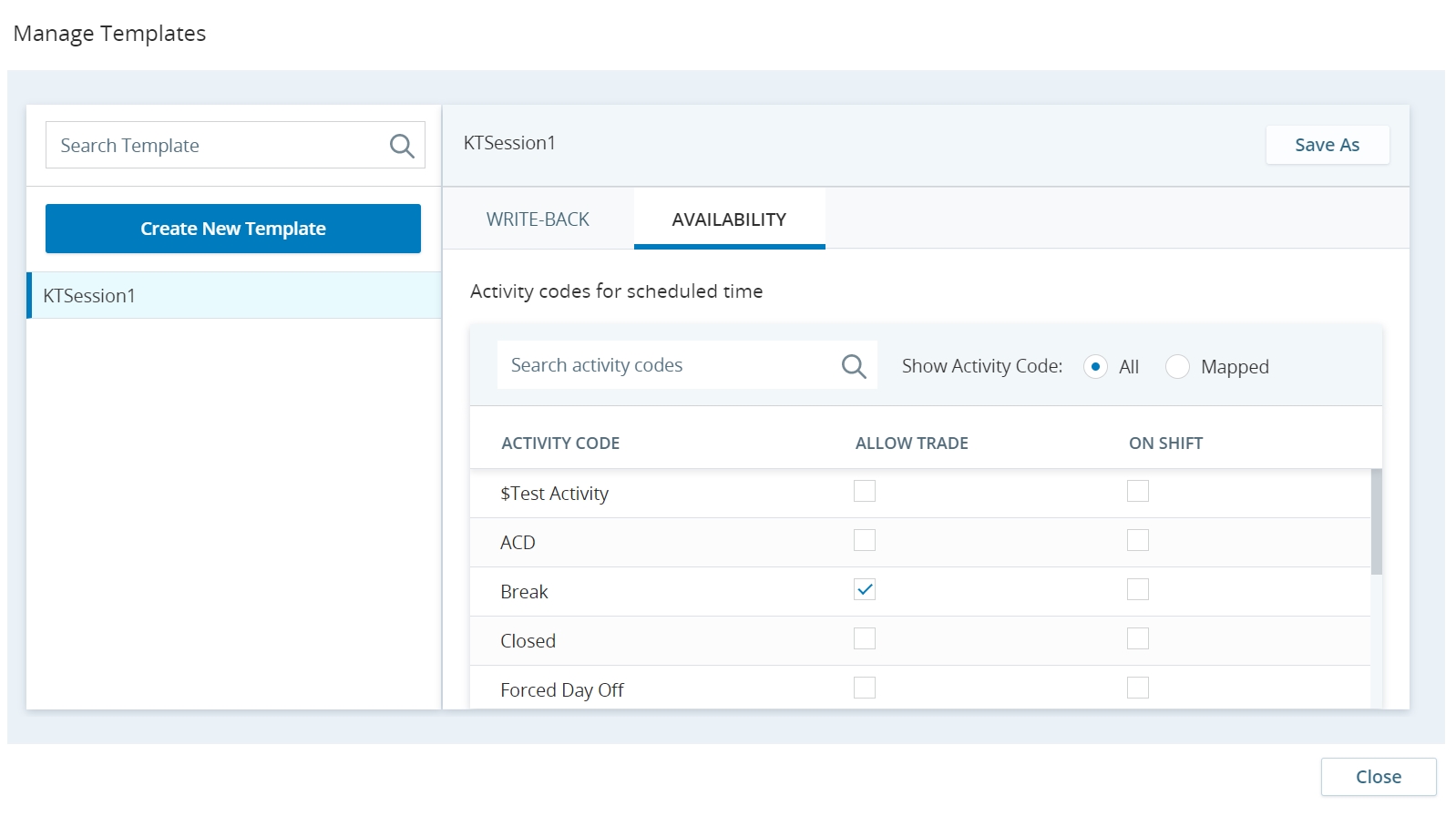 vorlagen für die Zuordnung von Aktivitätscodes verwalten