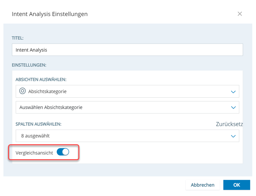 Einstellungen-Fenster für das Widget "Absichtsanalyse". Vergleichsansicht ist eingeschaltet und umrandet.